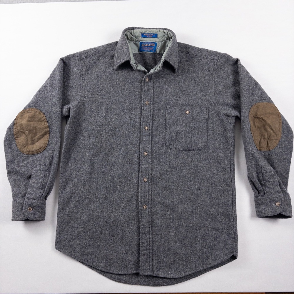 Pendleton Trail Shirt Mens M Gray Wool Button Down Elbow Patches Vintage USA